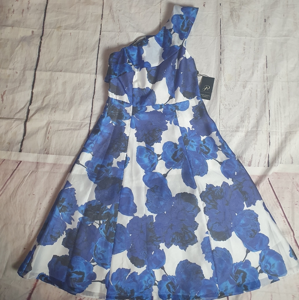 Adrianna Papell One-Shoulder White Dress with Blue Floral Print